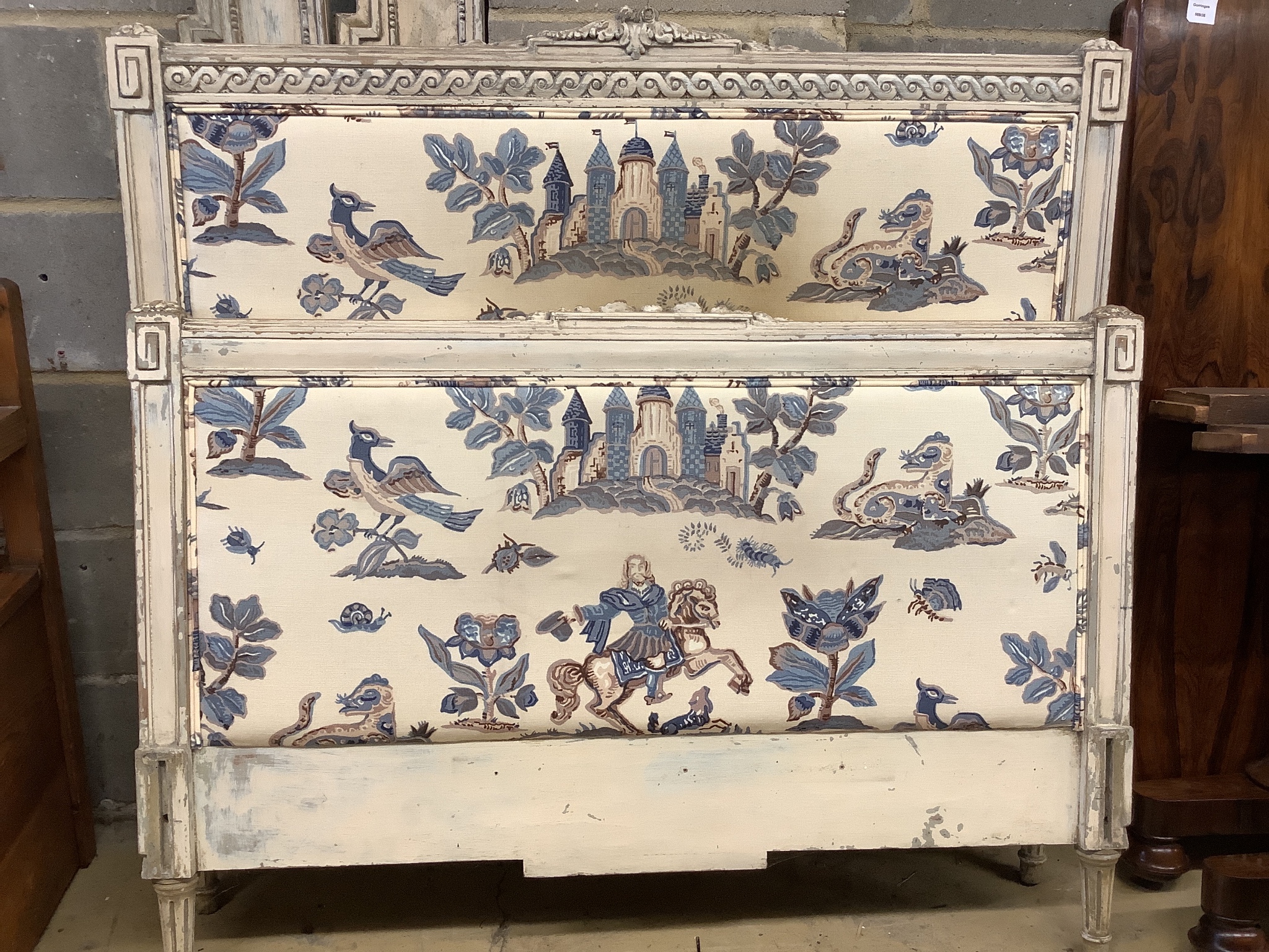 A painted French single bed frame, width 120cm